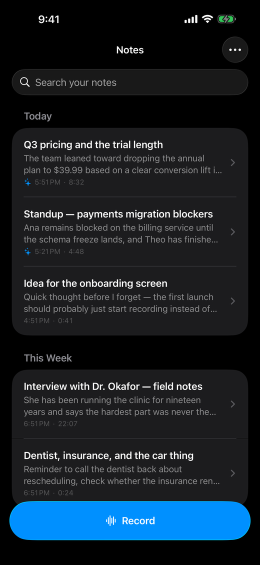 The Steno note list, showing recordings grouped under Today and This Week.