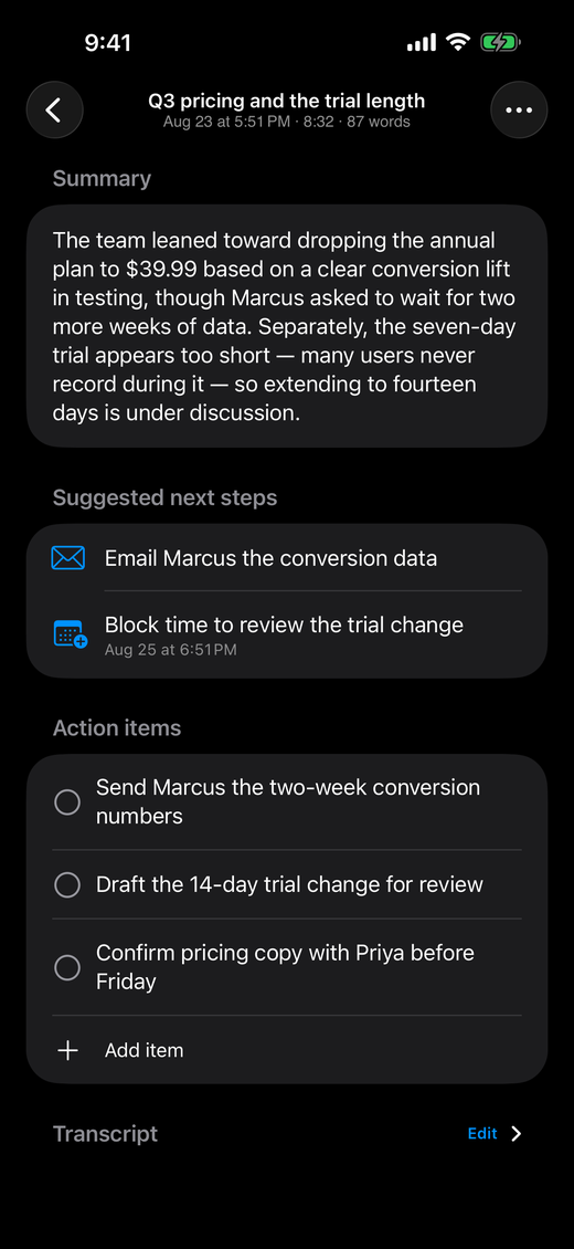 A note showing its summary, suggested next steps, and action items.